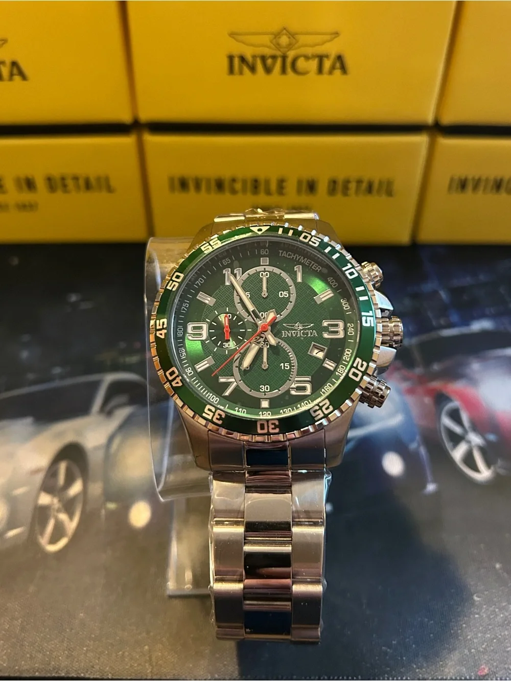 Invicta Specialty 48mm Silver Stainless Steel Chrono with Green Dial and Bezel